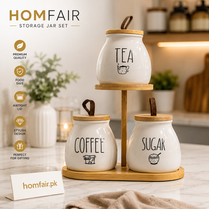 Ceramic 3-Piece Kitchen Storage Jar Set with Airtight Lids & Wooden Stand