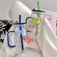 Square Glass Tumbler with Double Bows & Straw Elegant Drinkware