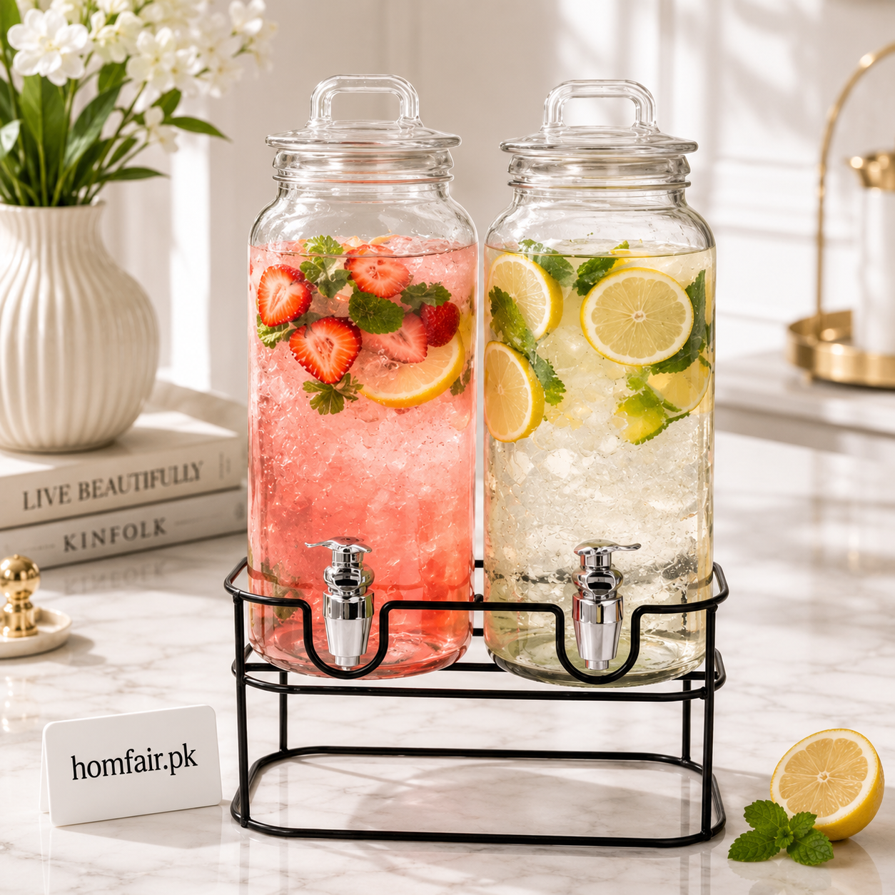 Double Glass Beverage Dispenser with Metal Stand – 2300ml