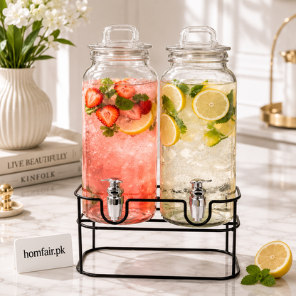 Double Glass Beverage Dispenser with Metal Stand – 2300ml