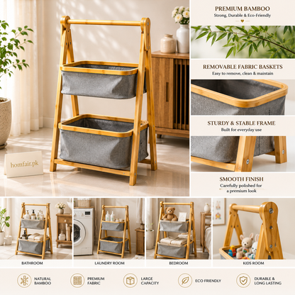 Premium Bamboo 2-Tier Storage Organizer with Removable Fabric Baskets