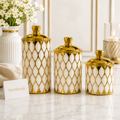 Luxury Honey Comb Design Plastic Storage Canister with Gold Lid