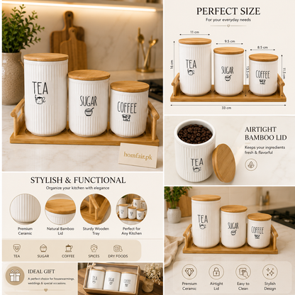 3-Piece Ceramic Kitchen Storage Jar Set with Bamboo Lids & Wooden Tray