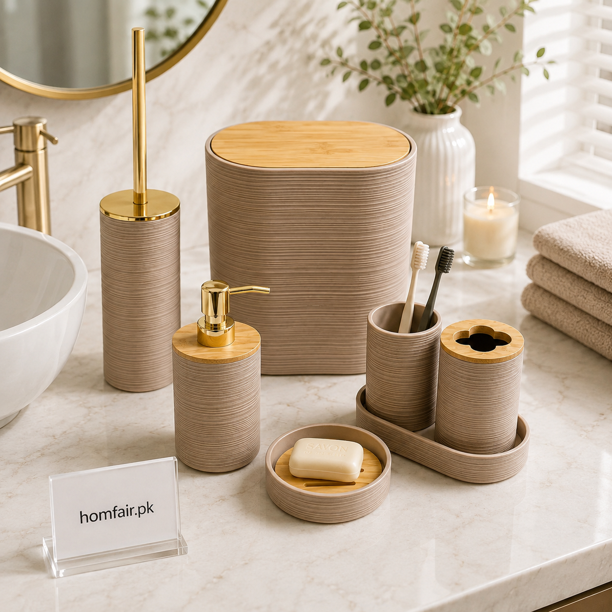 Luxury Bathroom Accessories Set with Bamboo Lid – 6 Piece Modern Bathroom Organizer