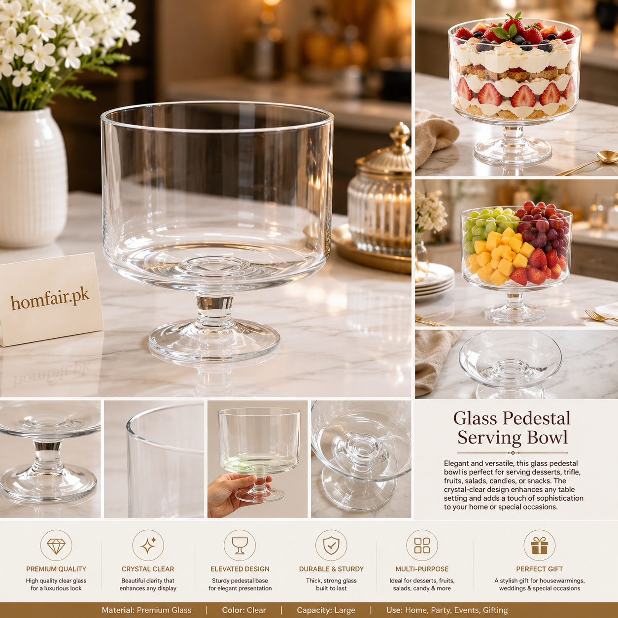 Premium Glass 3 Litre Trifle Serving Bowl – Crystal Clear Dessert & Fruit Bowl