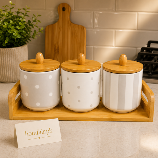 Premium Minimalist Ceramic Tea, Coffee & Sugar Canister Set with Bamboo Tray