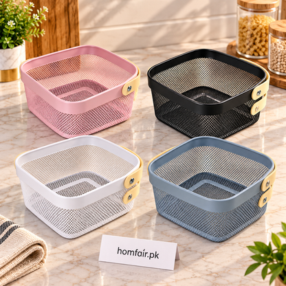 Metal Wire Mesh Storage Basket with Wooden Handle – Multi-Color Options