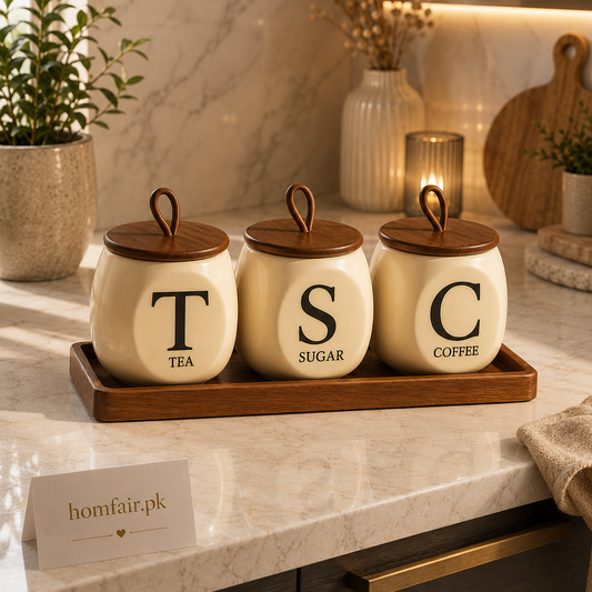 Premium Initial Letter Ceramic Tea, Coffee & Sugar Canister Set with Wooden Tray