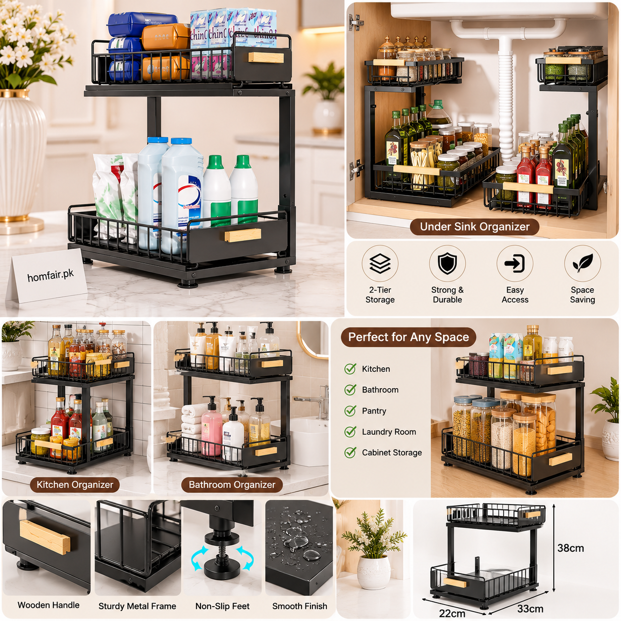 2-Tier Under Sink Organizer Sliding Pull-Out Storage Rack for Kitchen & Bathroom
