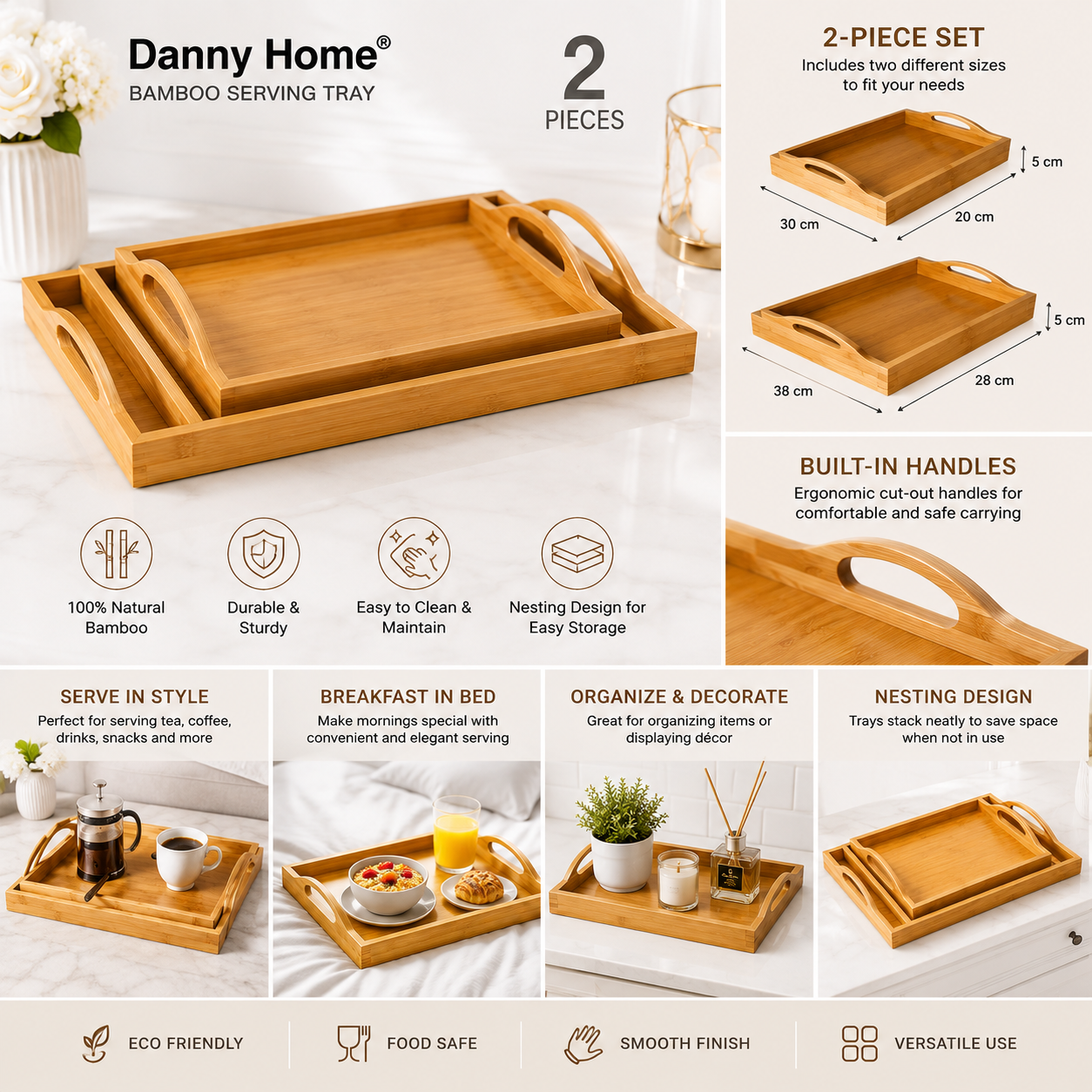 Danny Home 2-Piece Bamboo Serving Tray Set with Handles