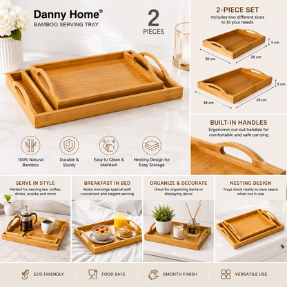 Danny Home 2-Piece Bamboo Serving Tray Set with Handles