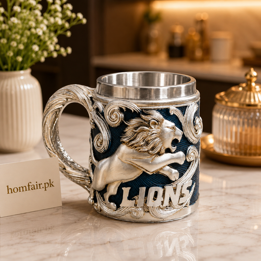 Lion Embossed Coffee Mug with Stainless Steel Rim