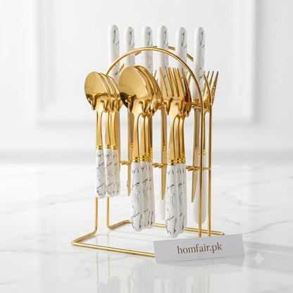 6-Person Golden Beaded Cutlery Set with Luxury Organizer Stand