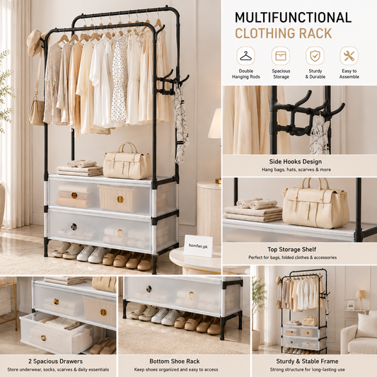 Multifunctional Clothes Rack with Double Hanging Rods, 2 Storage Drawers & Shoe Rack