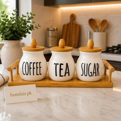 3-Piece Ceramic Coffee, Tea & Sugar Storage Jar Set with Bamboo Lids and Wooden Tray