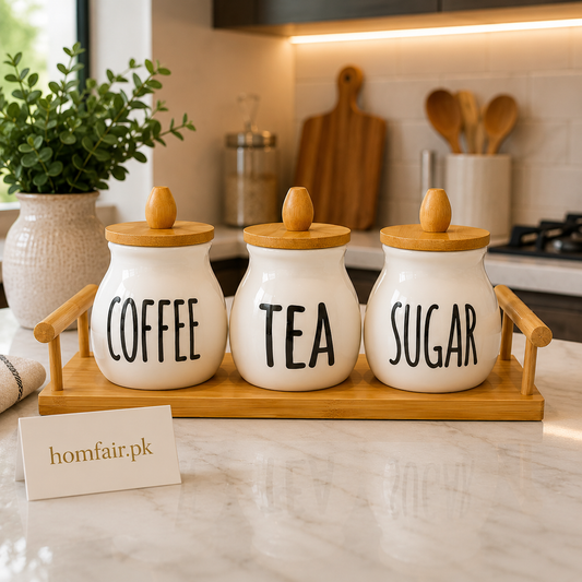 3-Piece Ceramic Coffee, Tea & Sugar Storage Jar Set with Bamboo Lids and Wooden Tray