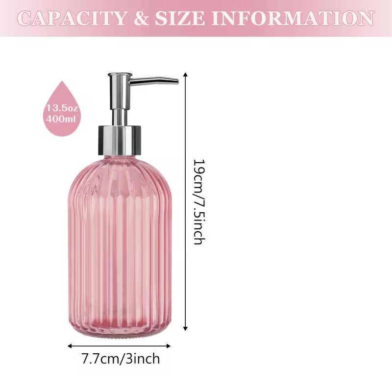 Glass Soap Dispenser Bottles with Silver Pump, 400ml Refillable Vertical Stripe Design (Random Colours)