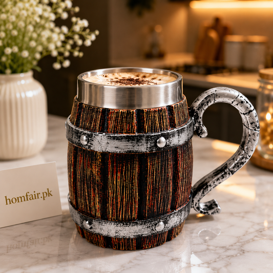 Rustic Wooden Barrel Coffee Mug with Stainless Steel Rim