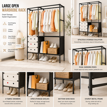 Large Open Wardrobe Rack with 2 Hanging Sections, 3 Drawers & Shoe Storage