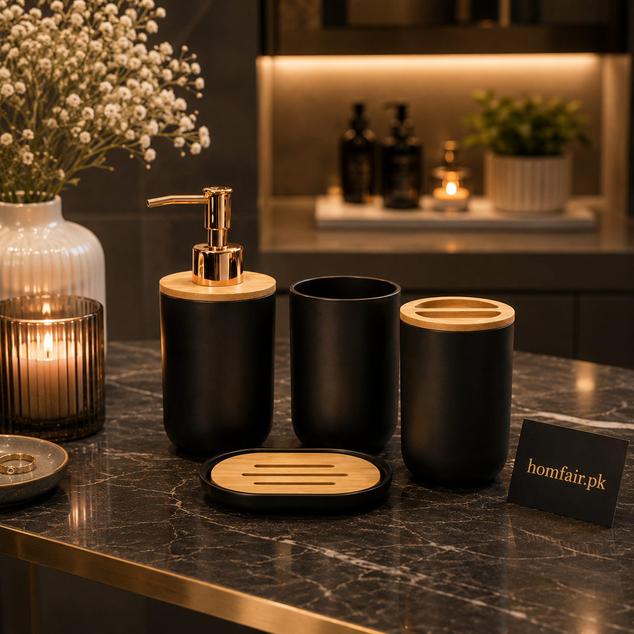 Luxury Matte Black Bathroom Accessories Set with Soap Dispenser & Toothbrush Holder
