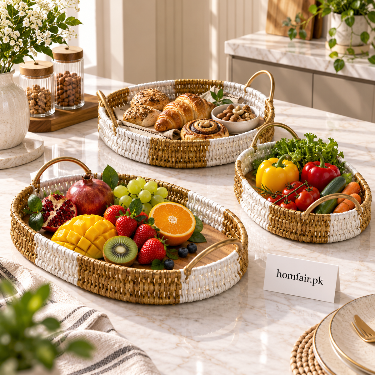 Luxury Woven Serving Tray Collection with Comfortable Handles - 3 Piece Set