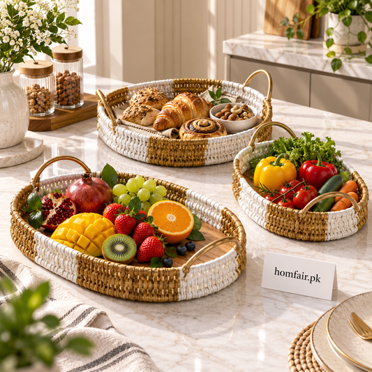 Luxury Woven Serving Tray Collection with Comfortable Handles - 3 Piece Set