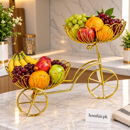 Luxury Golden 2-Tier Tricycle Fruit Stand with Decorative Wire Baskets