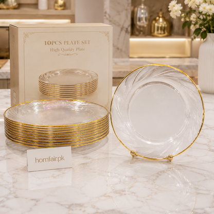 Clear Acrylic Dinner Plate Set with Gold Rim (10 Pieces)