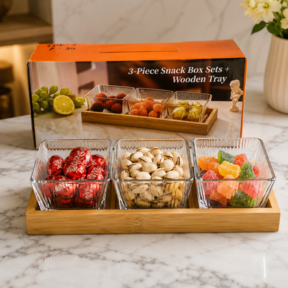 3 Bowl Glass Snack Serving Set with Bamboo Tray