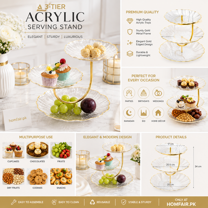 3-Tier Acrylic Dessert Serving Stand with Gold Frame