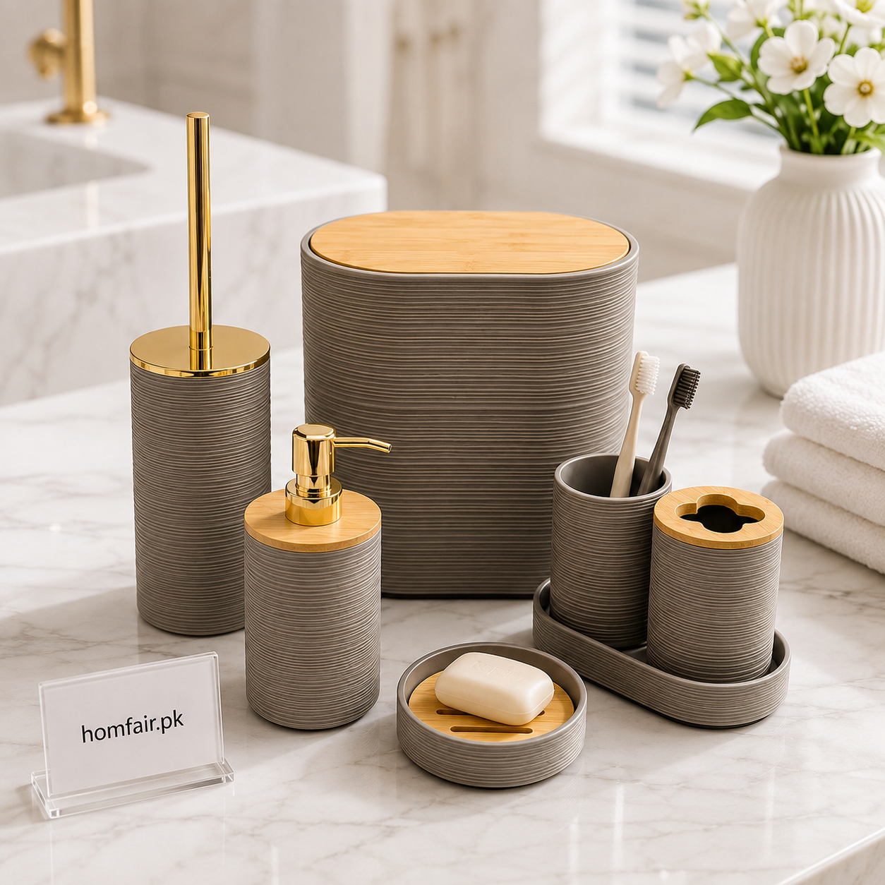 Luxury Grey Bathroom Accessories Set with Bamboo Lid – 6 Piece Bathroom Organizer Set