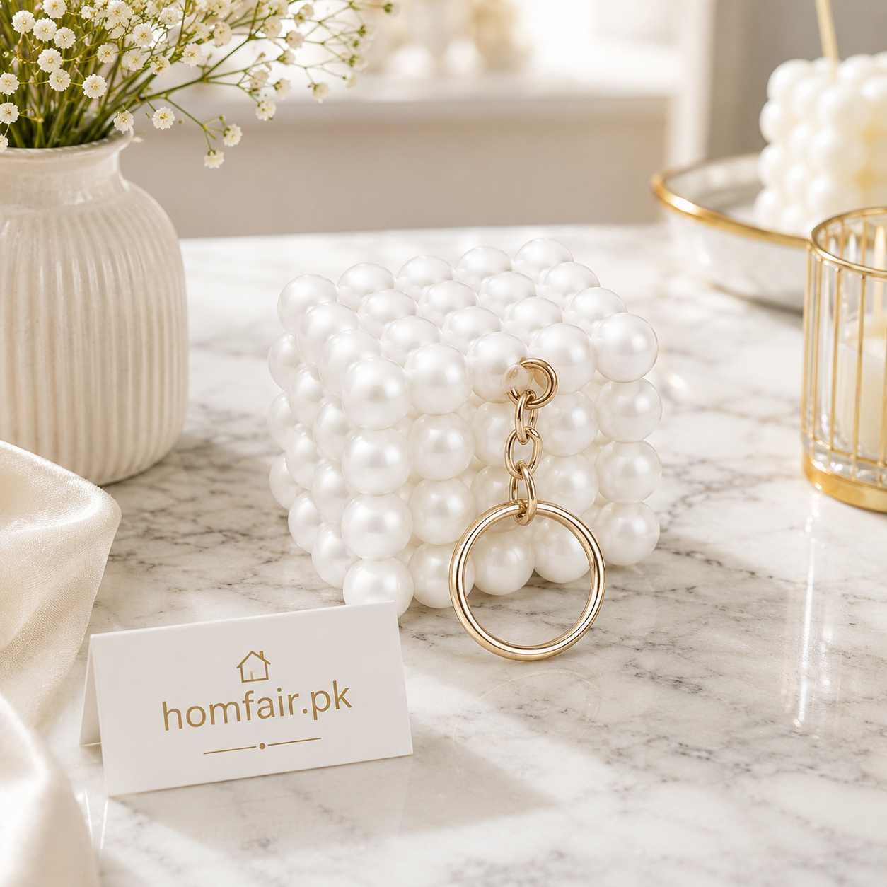 Luxury Handmade Pearl Beaded Cube Keychain