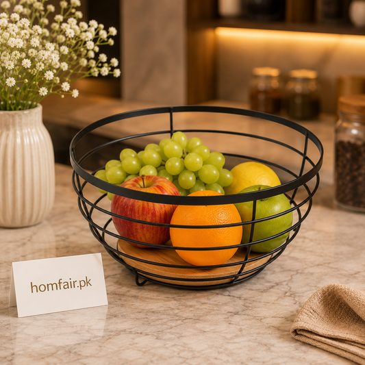 Premium Metal Fruit Basket with Wooden Base – Modern Countertop Fruit Bowl