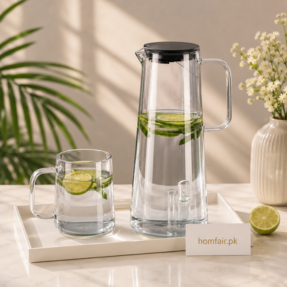 1800ml Heat Resistant Glass Water Pitcher with Lid & Glass Mug