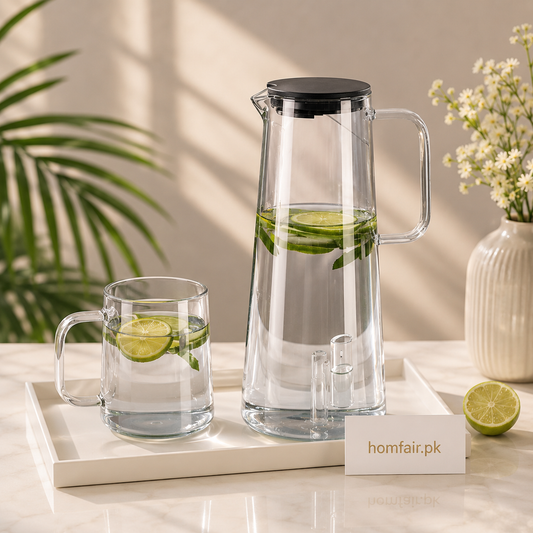 1800ml Heat Resistant Glass Water Pitcher with Lid & Glass Mug