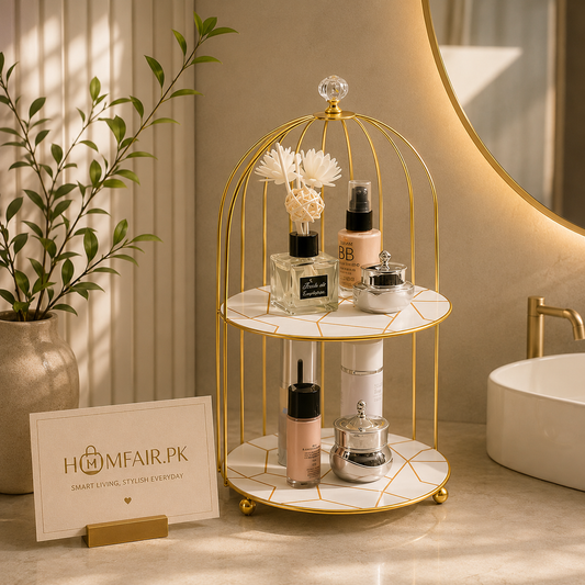 2-Tier Golden Vanity Cage Luxury Makeup & Skincare Organizer Rack