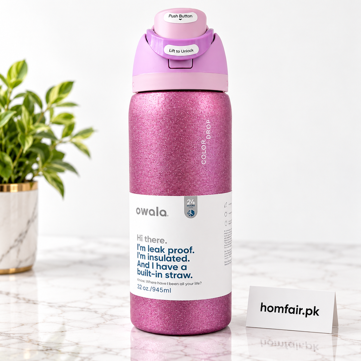 Owala 32oz Glitter Purple Insulated Water Bottle with Built-In Straw & Leak-Proof Lid