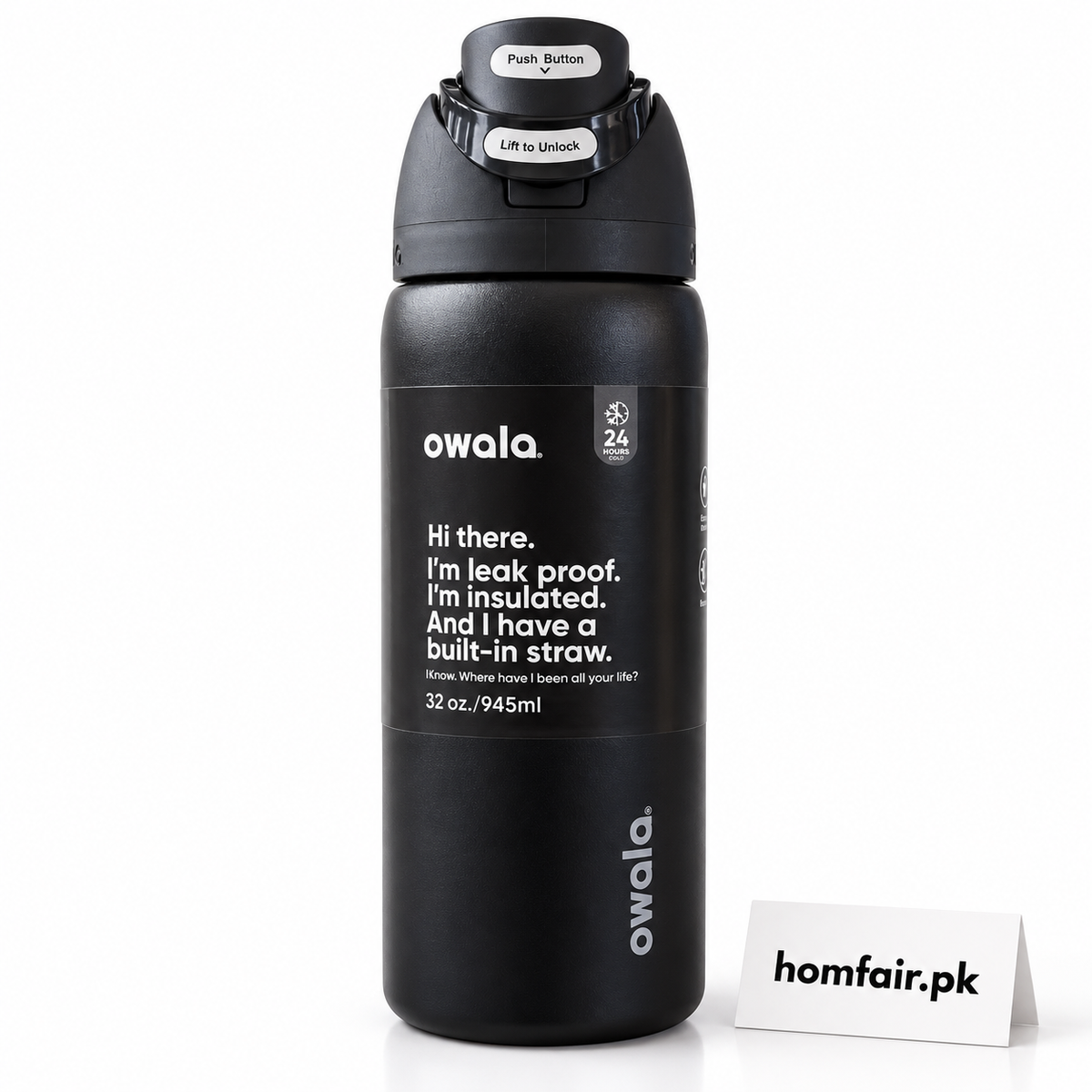 Owala Matte Black Insulated Water Bottle 32oz with Built-In Straw & Leak-Proof Lid