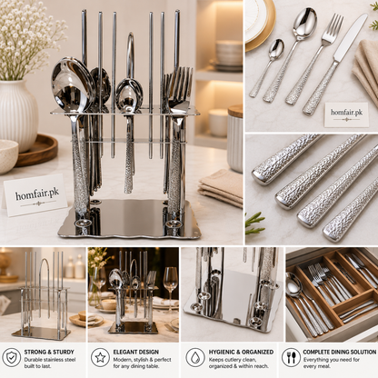 Premium 24-Piece Stainless Steel Cutlery Set with Stand