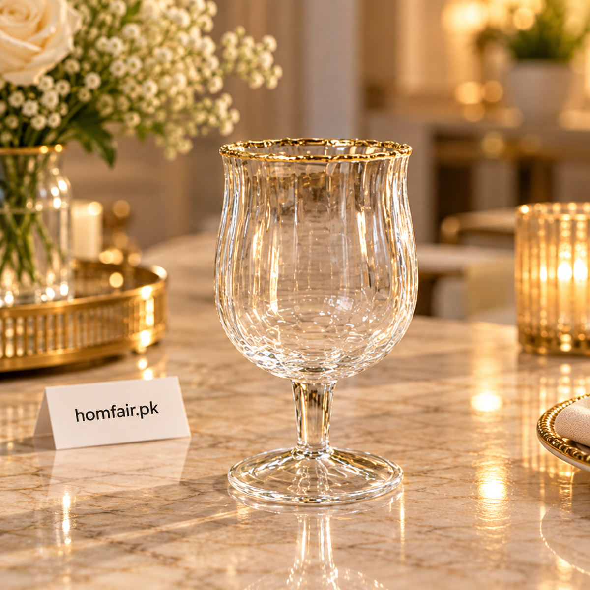 Royal Gold-Rimmed Ribbed Crystal Stemware – Premium Set of 6