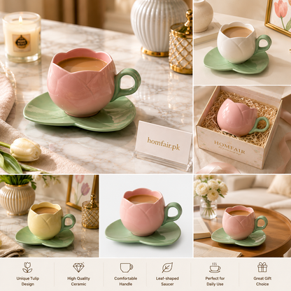 Tulip Ceramic Coffee Cup & Leaf Saucer Set Elegant Floral Tea Mug