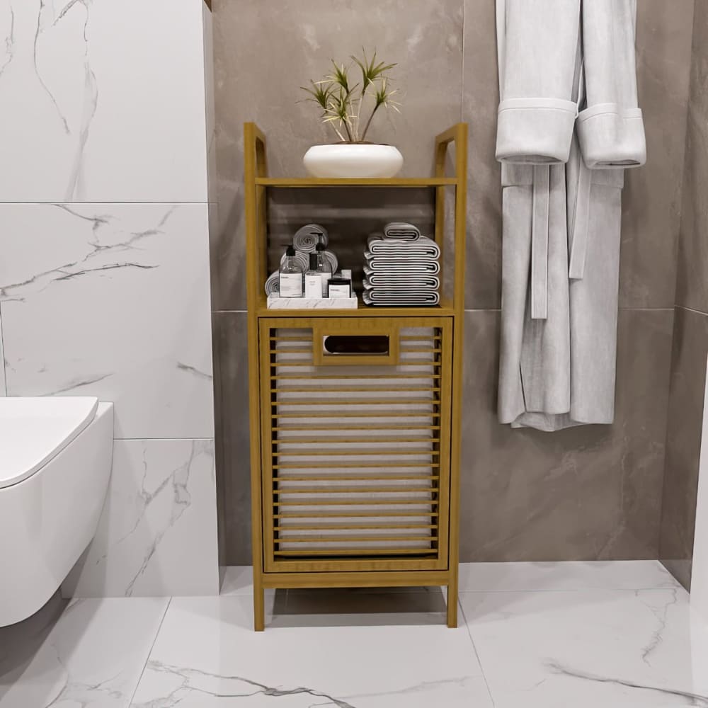 Luxury Bamboo Storage Shelf with Laundry Hamper & Open Shelves – Japandi Bathroom Organizer