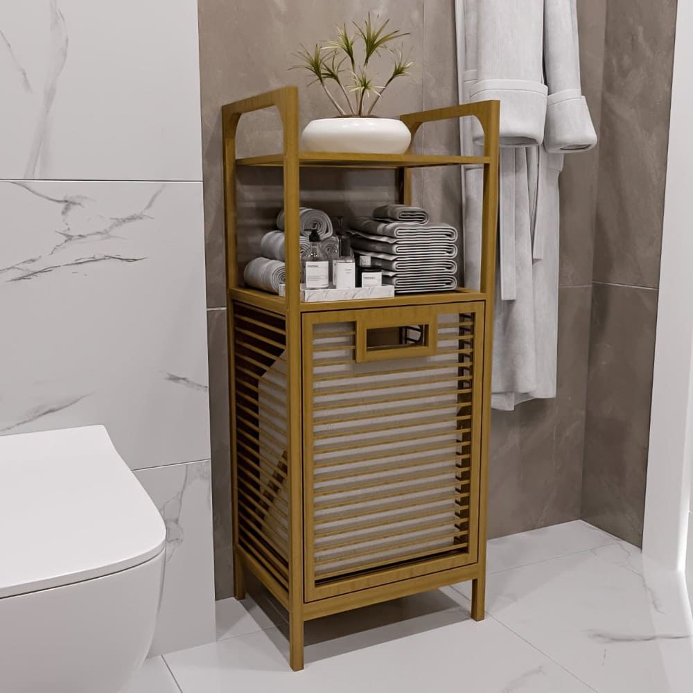 Luxury Bamboo Storage Shelf with Laundry Hamper & Open Shelves – Japandi Bathroom Organizer