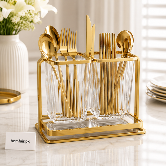 Luxury Gold Cutlery Holder Organizer 2-Compartment Countertop Utensil Stand (Not Inculded Cutlery Only Stand)