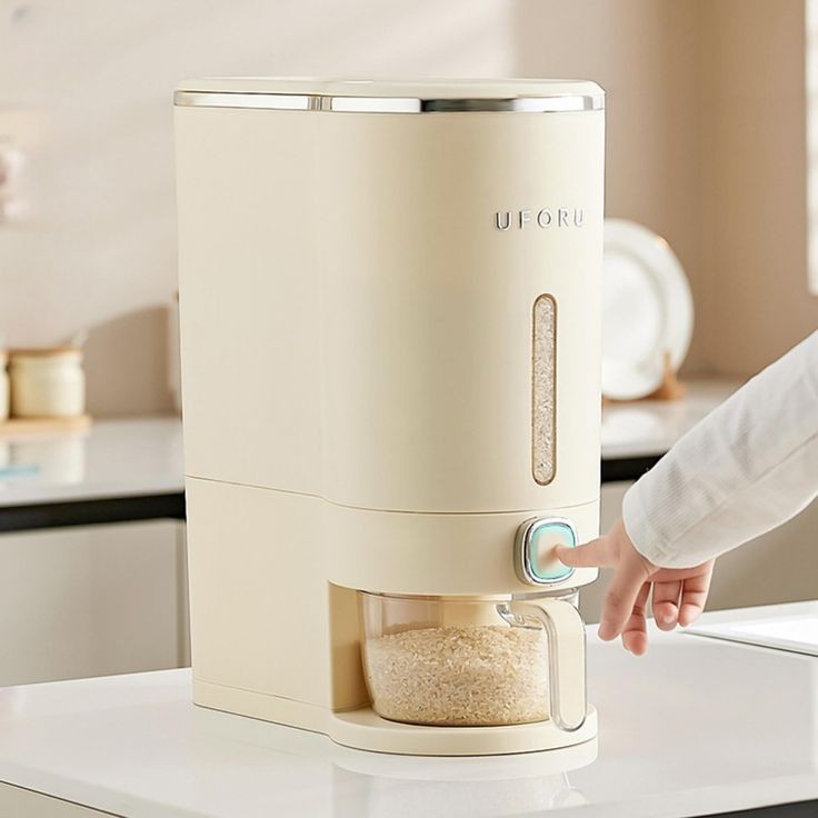 Rice Dispenser Container – Airtight Wall-Mounted Dry Food Storage with One-Touch Measuring Cup for Kitchen Pantry
