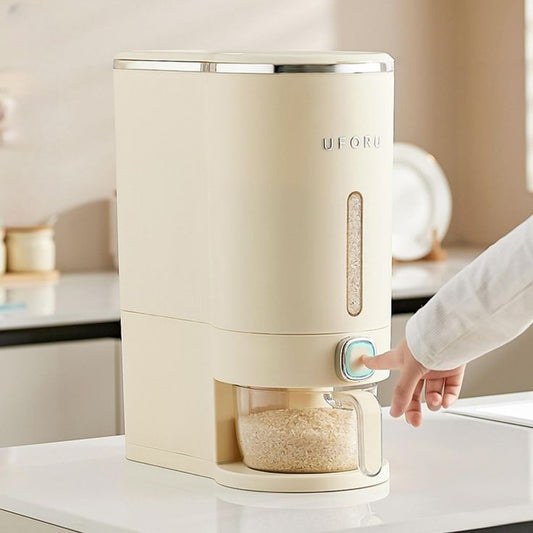 Rice Dispenser Container – Airtight Wall-Mounted Dry Food Storage with One-Touch Measuring Cup for Kitchen Pantry