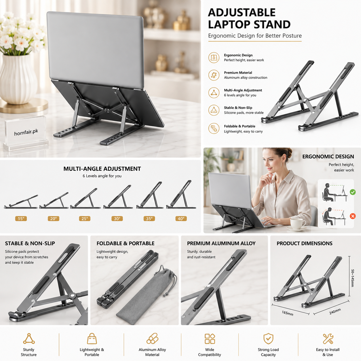 Adjustable Aluminum Laptop Stand – Foldable Ergonomic Laptop Holder