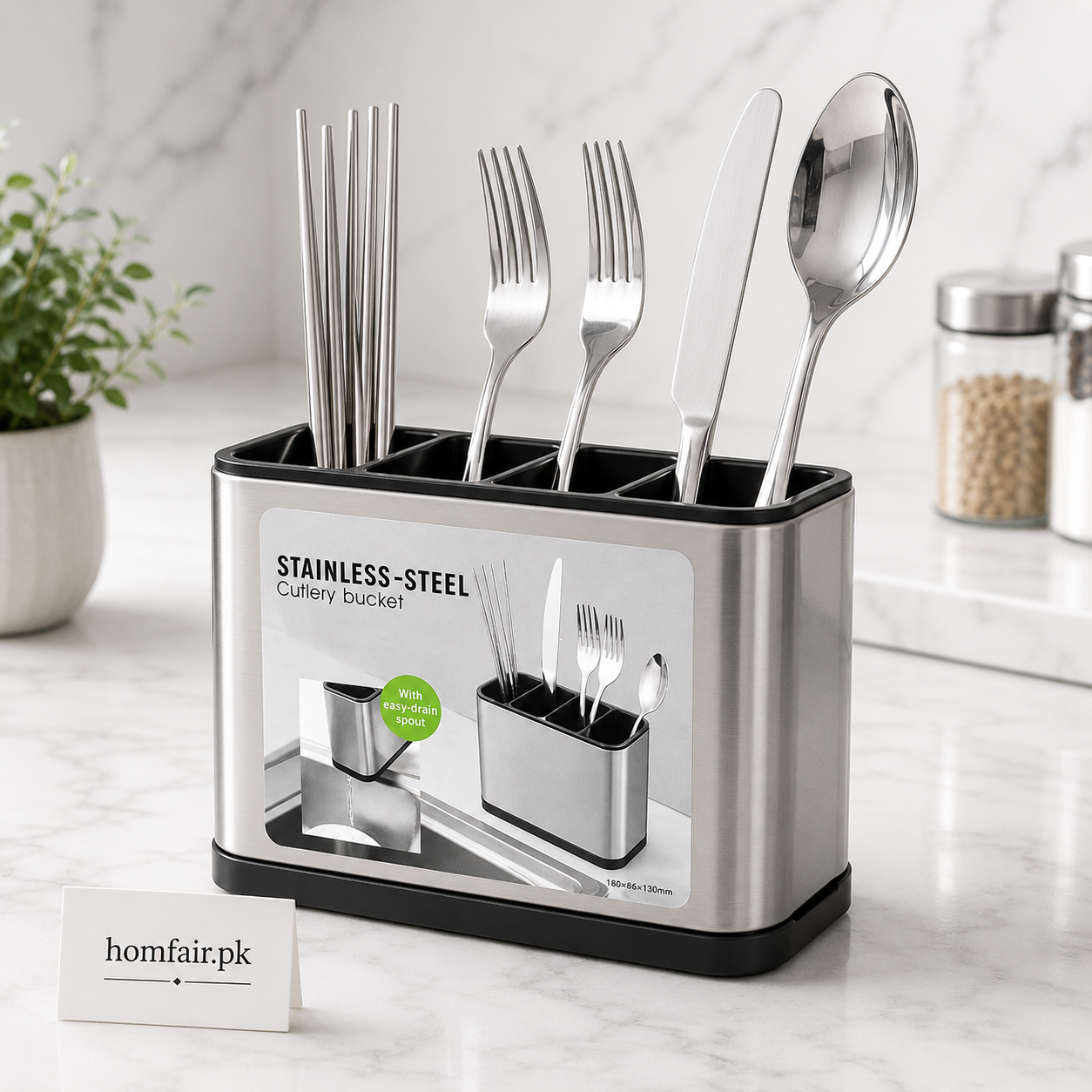 Stainless Steel Cutlery Holder Organizer with Easy Drain Spout Spoon & Utensil Stand