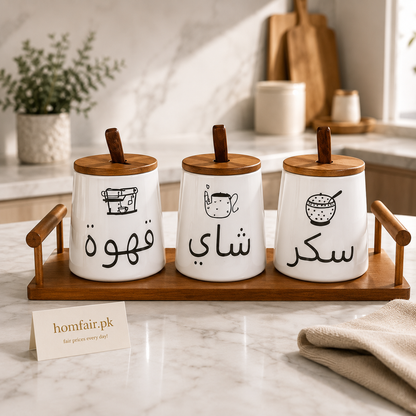 Premium Ceramic Coffee, Tea & Sugar Canister Set with Wooden Tray  (3 Pieces)