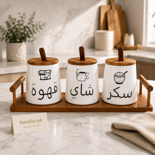 Premium Ceramic Coffee, Tea & Sugar Canister Set with Wooden Tray  (3 Pieces)